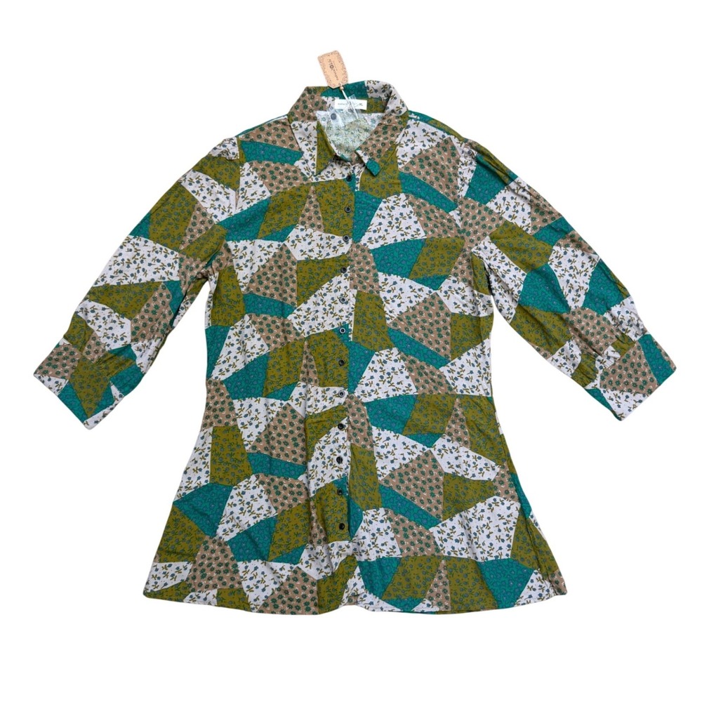 Natural Life XL Patchwork Floral Button Down Tunic Top mini dress Rayon Boho NEW